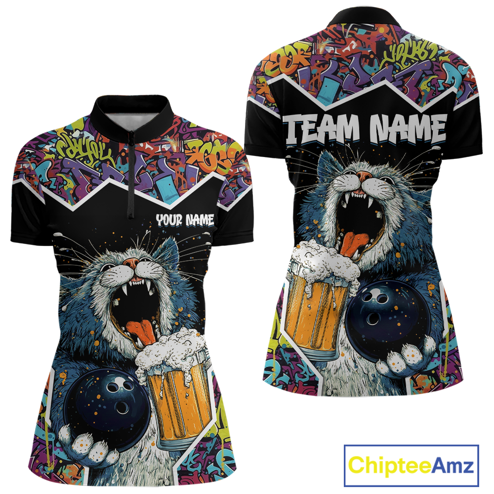 Custom Funny Cat Beer Bowling Jersey for Women Polo & 1/4 Zip Bowling Team Shirts HNT146