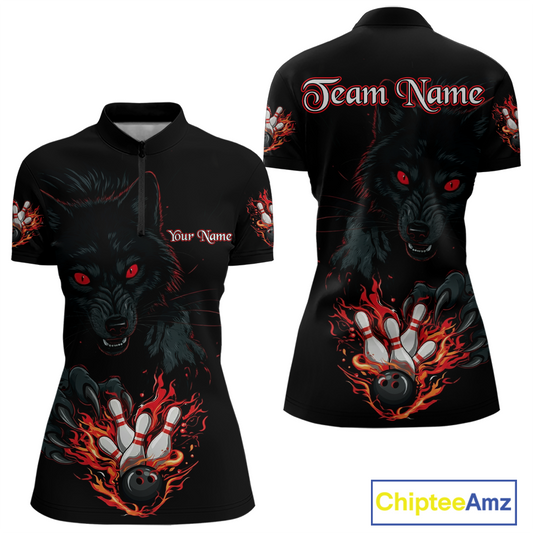 Custom Flame Wolf  Bowling Jersey for Women Bowling Uniform Polo & 1/4 Zip Bowling Team Shirts HNT144