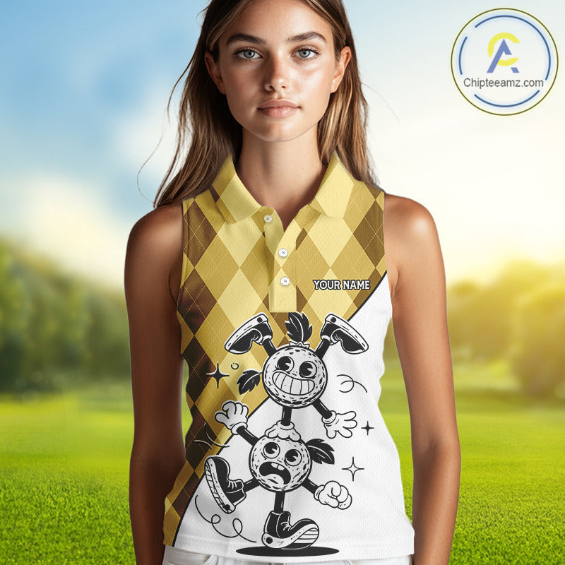 Funny Golf Ball Pattern Argyle Sleeveless Womens Golf Polo Shirts Custom Golf Outfits Ladies, Green Golf Tops NHT786