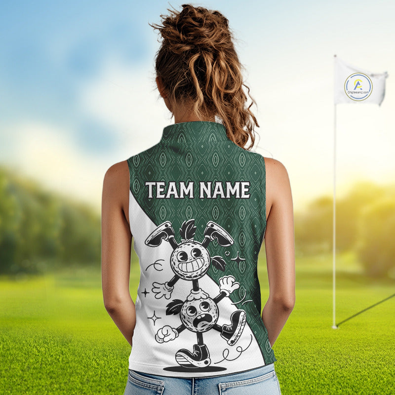 Green White Funny Golf Ball Pattern Sleeveless Womens  Golf Polo Shirts Custom Golf Outfits Ladies, Green Golf Tops NHT784