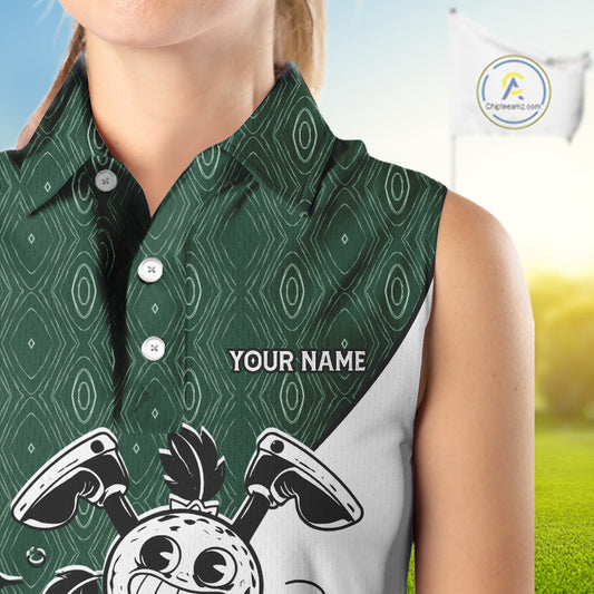 Green White Funny Golf Ball Pattern Sleeveless Womens  Golf Polo Shirts Custom Golf Outfits Ladies, Green Golf Tops NHT784