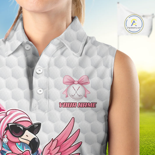 Pink Flamingo Golf Shirt For Women Sleeveless, Funny Tropical Patten Golf Polo Shirt, Ladies Golf Outfit For Team NHT730