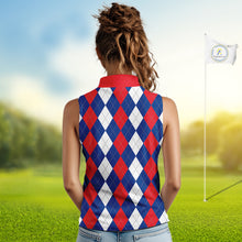 Load image into Gallery viewer, Women sleeveless polo shirt custom red, white and blue argyle plaid pattern golf attire for ladies NQS9847