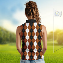 Load image into Gallery viewer, Women sleeveless polo shirt custom brown argyle plaid pattern golf attire for ladies NQS9848