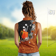 Load image into Gallery viewer, Halloween Skull Playing Golf Sleeveless Polo Shirt Custom black &amp; orange Halloween ladies golf outfit NQS10341
