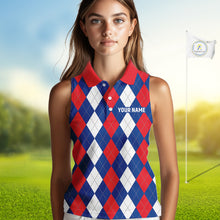 Load image into Gallery viewer, Women sleeveless polo shirt custom red, white and blue argyle plaid pattern golf attire for ladies NQS9847