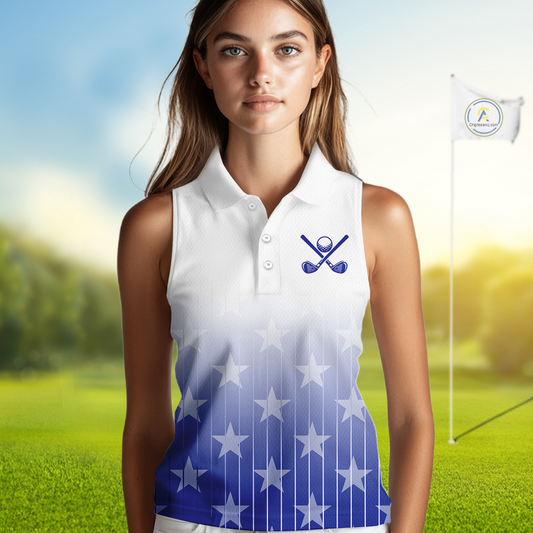 Blue stars pattern white ladies sleeveless golf polos shirts, gifts for the golfer NQS9965