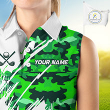 Load image into Gallery viewer, Personalized Women sleeveless golf polo shirt custom white and green camo ladies golf apparel NQS10334