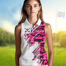 Load image into Gallery viewer, Personalized Women sleeveless golf polo shirt custom white and pink camo ladies golf apparel NQS10335