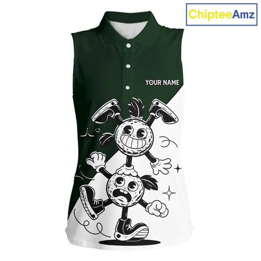 Green White Funny Golf Ball Pattern Sleeveless Womens Golf Polo Shirts Custom Golf Outfits Ladies, Green Golf Tops NHT785