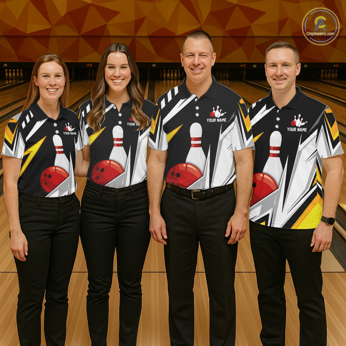 Black, White and Gold Men's bowling Polo, Quarter Zip shirts Custom Team bowling league jerseys NQS11264