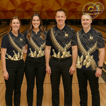 Custom Black & Gold tribal pattern Bowling Polo, 1/4 zip Shirts For Women, Team Bowling League jersey NQS11591