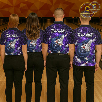 Purple Lightning Thunder Angry Shark Bowling shirts For Men Custom Shark Bowling Team Jerseys NQS11757