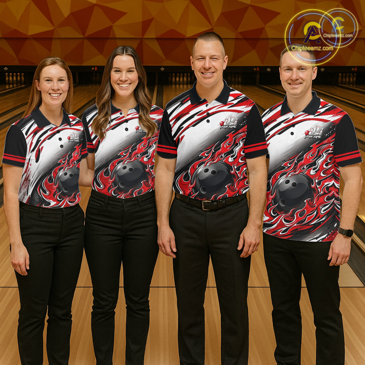 Red Flame Bowling Polo, Quarter Zip Shirts For Men Custom Bowling Team Jerseys, Gift For Bowlers NQS11738