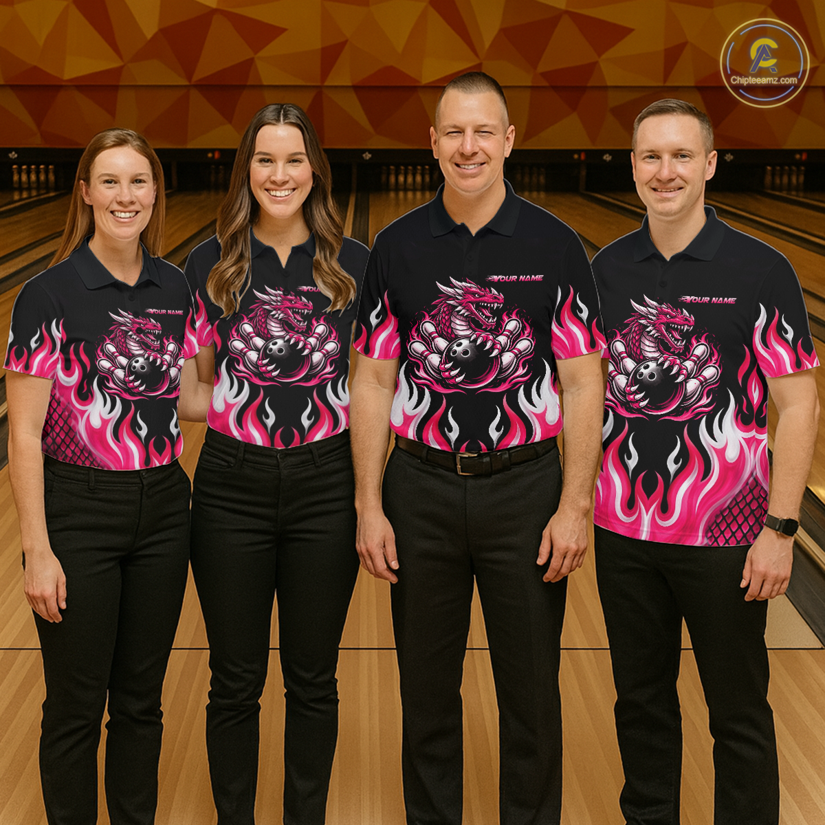 Black and Pink Flame Dragon Bowling Polo, 1/4 Zip Shirts For Men Custom Dragon Bowling Team Jerseys NQS11733