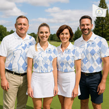 Load image into Gallery viewer, Personalized Blue White Argyle Plaid Pattern Womens Golf Polo Shirts, Blue Golf Tops For Womens NHT674