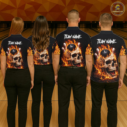 Flame Skull Bowling Polo, 1/4 zip shirts for men custom Skull team Bowling uniforms league jerseys NQS11577