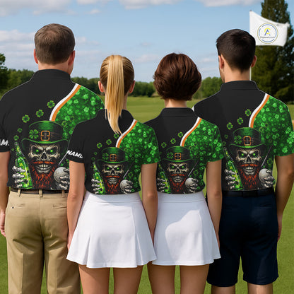 Green shamrock pattern St Patrick Skull Golf and Beer Polo shirts for Men Custom mens golf tops NQS11483
