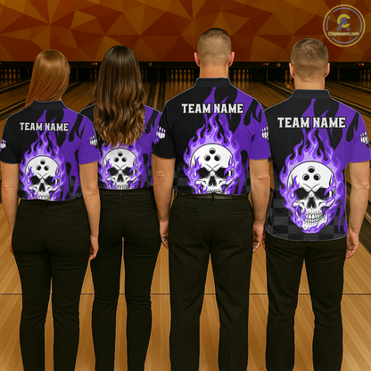 Purple Flame Skull Bowling Shirt Bowling Team Jersey for Women Polo & 1/4-Zip QZT931
