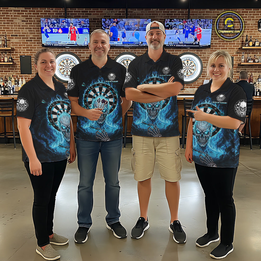 Black Blue Flaming Skeleton Darts Custom Women's Dart Quarter-Zip Shirts Team Dart League Jerseys NYN2073