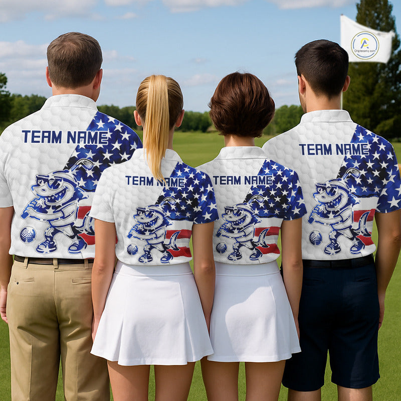 Funny Mens Golf Polo Shirt Patriotic American Flag Custom Name Shark Playing Golf Shirt Funny Golf Apparel NHN0018