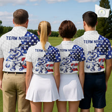 Load image into Gallery viewer, Funny Mens Golf Polo Shirt Patriotic American Flag Custom Name Shark Playing Golf Shirt Funny Golf Apparel NHN0018