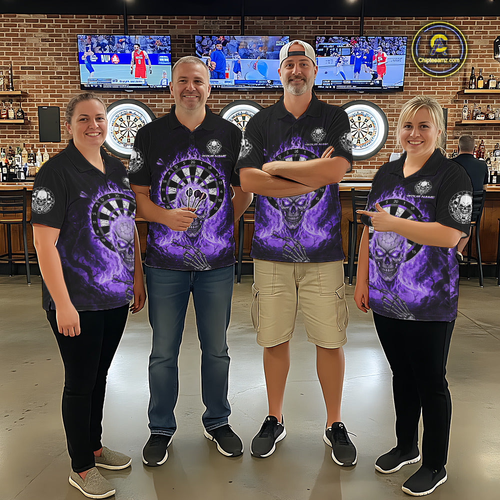 Black Purple Flaming Skeleton Darts Custom Men's Dart Quarter-Zip Shirts Team Dart League Jerseys NYN2074