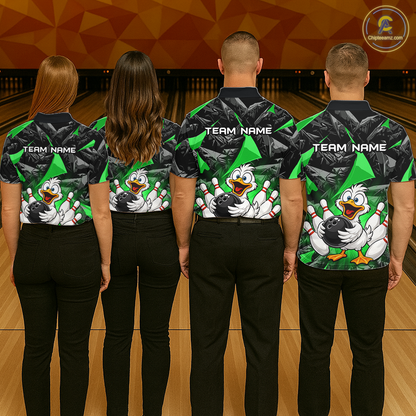 Custom Green Funny Duck Bowling Jersey for Men Bowling League Bowling Team Shirts Polo & 1/4 Zip HN233