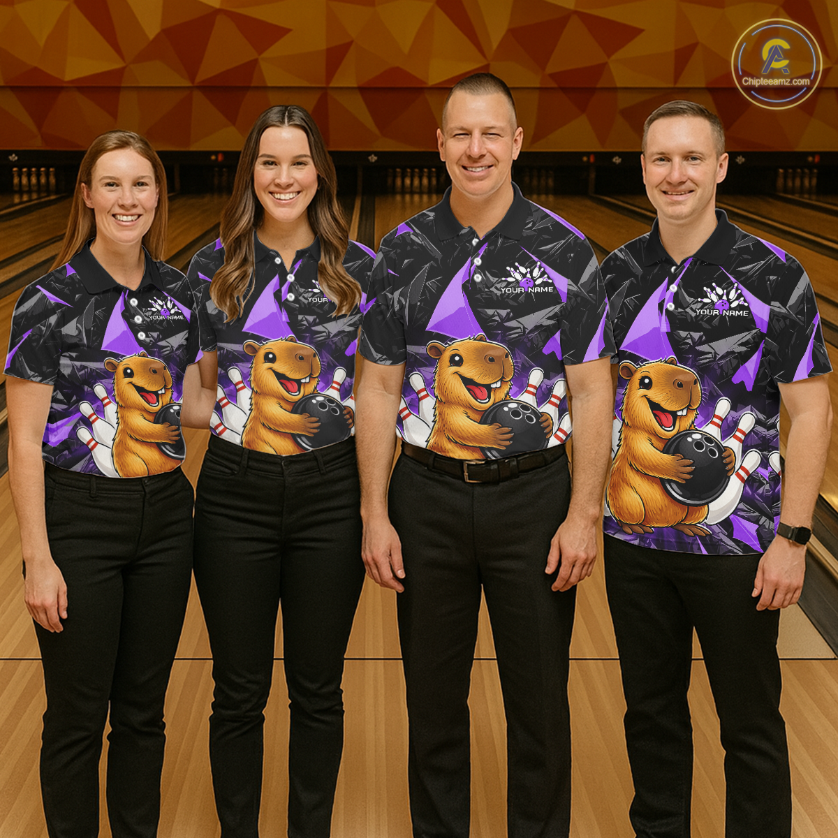 Custom Purple Capybara Bowling Jersey for Men Bowling Team Shirts Bowling Polo & 1/4 Zip HNT255