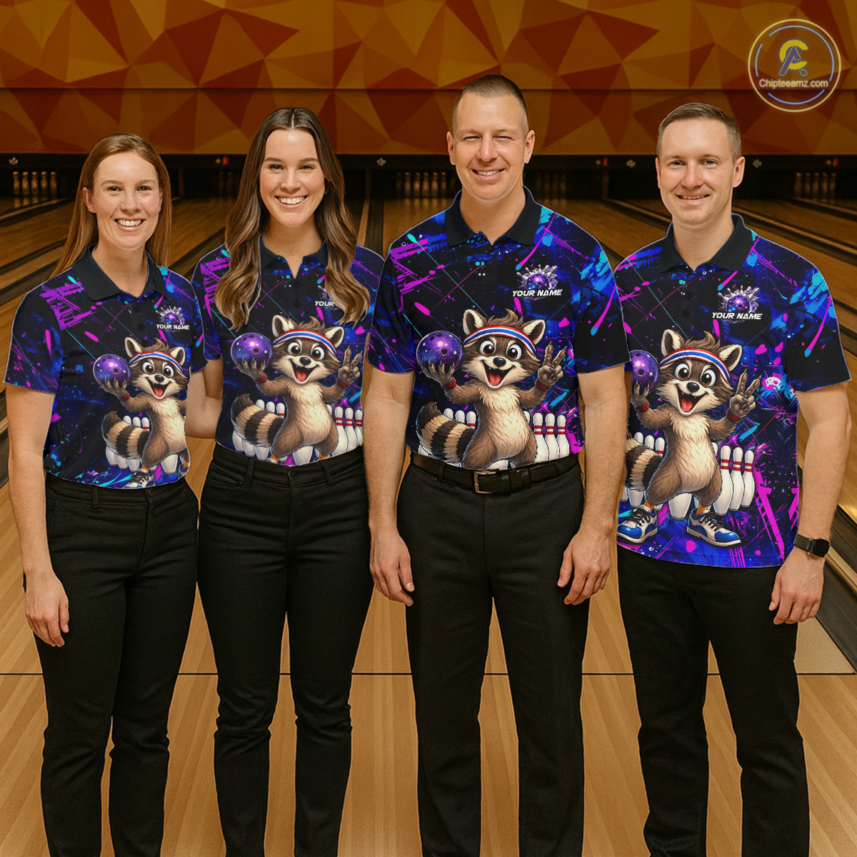 Custom Neon Funny Raccoon Bowling Team Jersey for Women Bowling Shirt Bowling Tournament Polo & 1/4-Zip QZT957