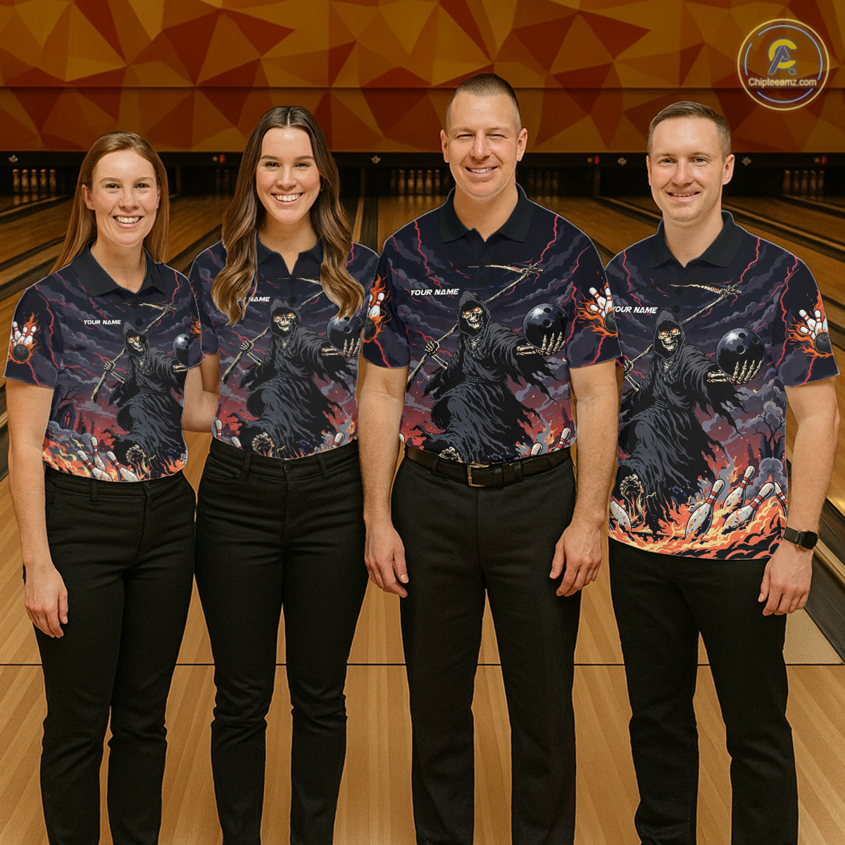 Custom Grim Reaper Flame Bowling Jersey for Men Bowling Team Shirts Polo & 1/4 Zip HNT193