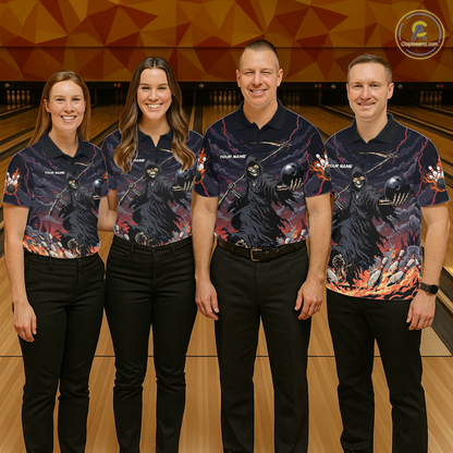 Custom Grim Reaper Flame Bowling Jersey for Women Bowling Team Shirts Polo & 1/4 Zip HNT193