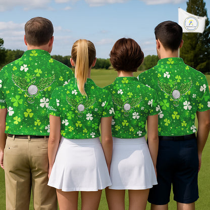 Mens Golf Polo Shirt Custom Green Music Angel Wing Golf Ball St Patricks Day Golf Shirts, Golf Gifts NHN0132
