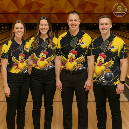 Custom Black & Yellow Funny Chicken Bowling Shirt for Men Bowling Team Jersey Polo & Quarter-Zip QZT1010
