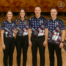 Load image into Gallery viewer, Custom American Flag Funny Bowling Team Shirt for Women Polo &amp; Quarter-Zip Bowling Jersey Blue Red White QZT928