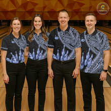 Load image into Gallery viewer, Black and Blue Tribal Pattern Bowling Jersey for Woen Bowling Uniform Bowling Team Shirts HNT225