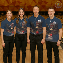 Load image into Gallery viewer, Group of four wearing custom navy patriotic bowling shirts front view featuring a bald eagle, American flag and bowling pins at the bowling alley