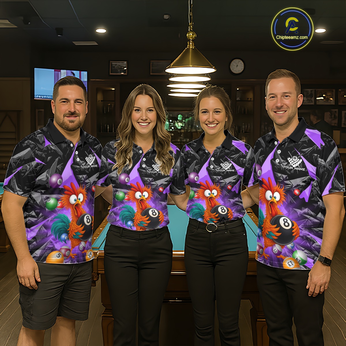 Custom Funny Purple Chicken 8 Ball Pool Billiard Shirt for Men Polo & 1/4 Zip, Billiard Team Jerseys NNT148