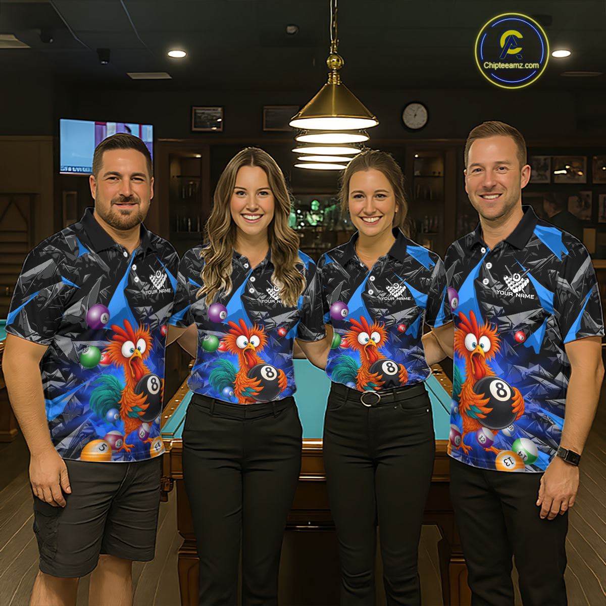 Custom Funny Blue Chicken 8 Ball Pool Billiard Shirt for Men Polo & 1/4 Zip, Billiard Team Jerseys NNT148