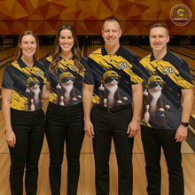 Load image into Gallery viewer, Custom Funny Cat Yellow Bowling Jersey for Women Bowling Polo &amp; 1/4 Zip Bowling Team Shirts HNT198