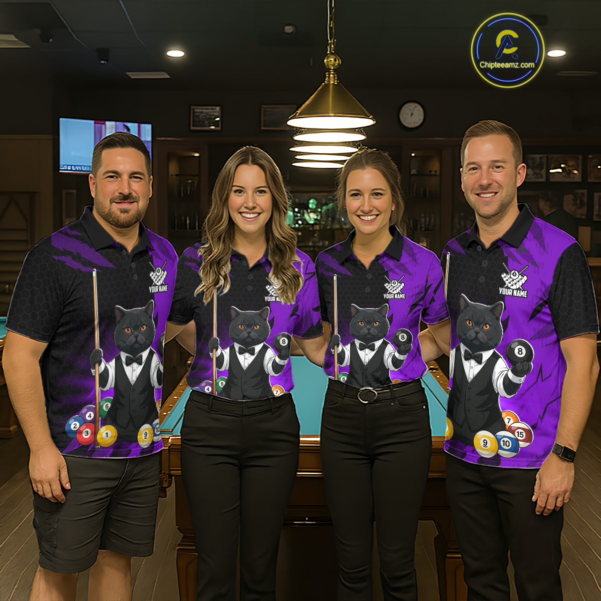 Custom Black Cat 8 Ball Pool Shirts Purple Billiard Shirt for Men Billiard Team Jersey Billiard Gift NNT181