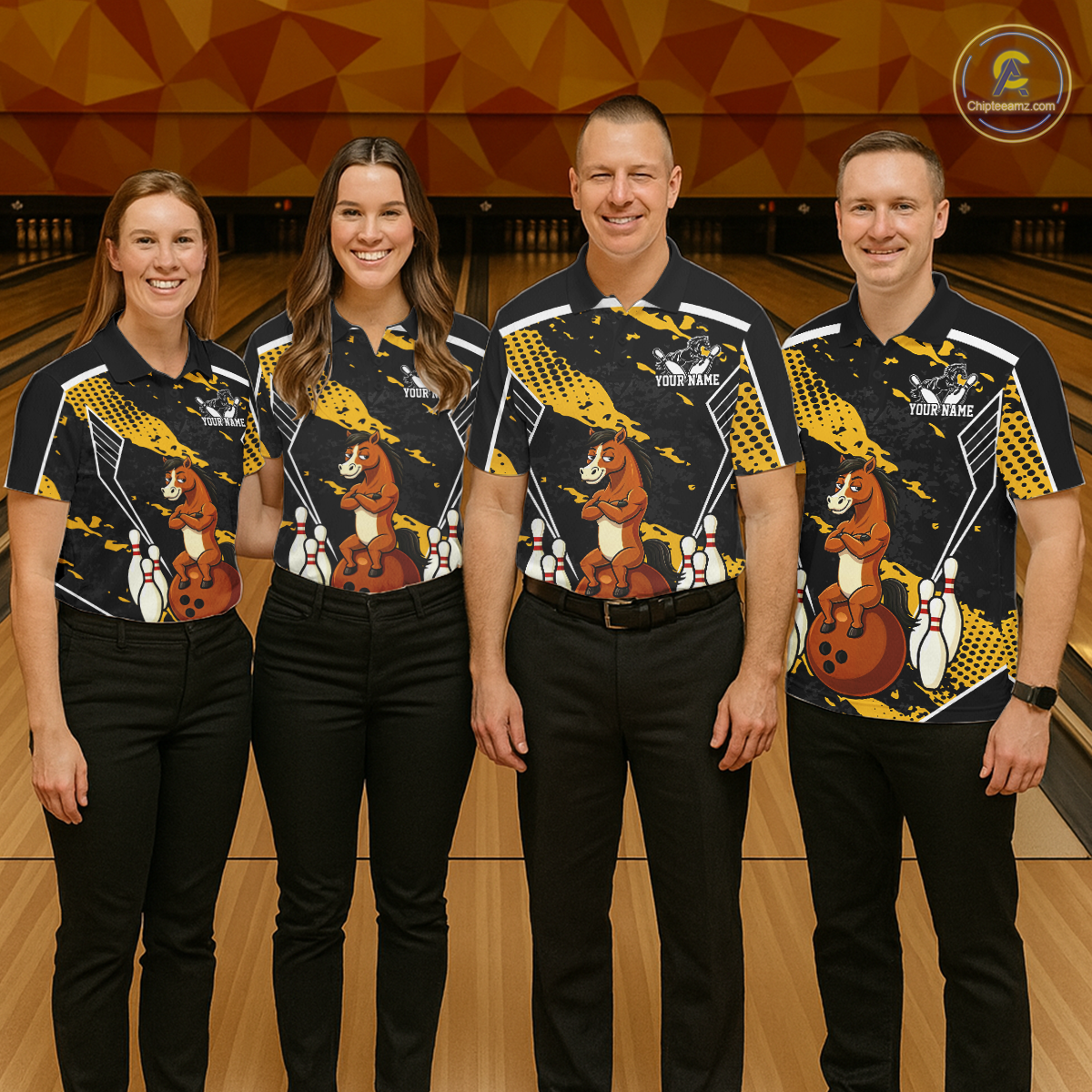 Custom Yellow Funny Horse Bowling Tournament Jersey for Women Bowling Team Shirts Polo & 1/4 Zip HNT180