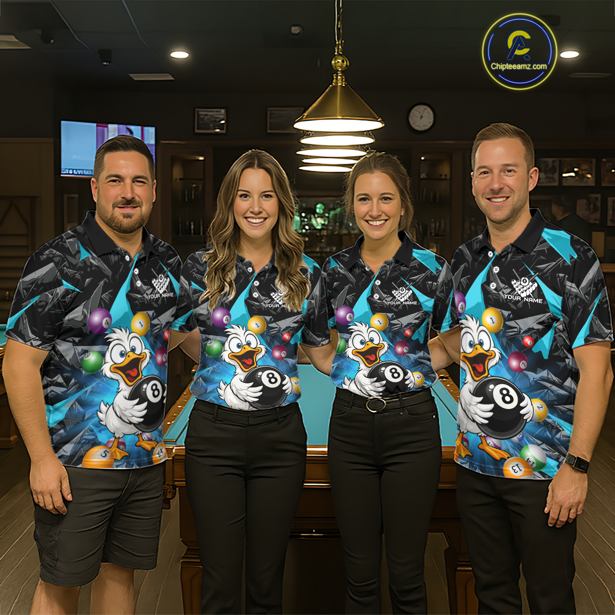 Custom Turquoise Funny Duck 8 Ball Pool Shirts Billiard Shirt for Men Billiard Team Jersey League NNT172