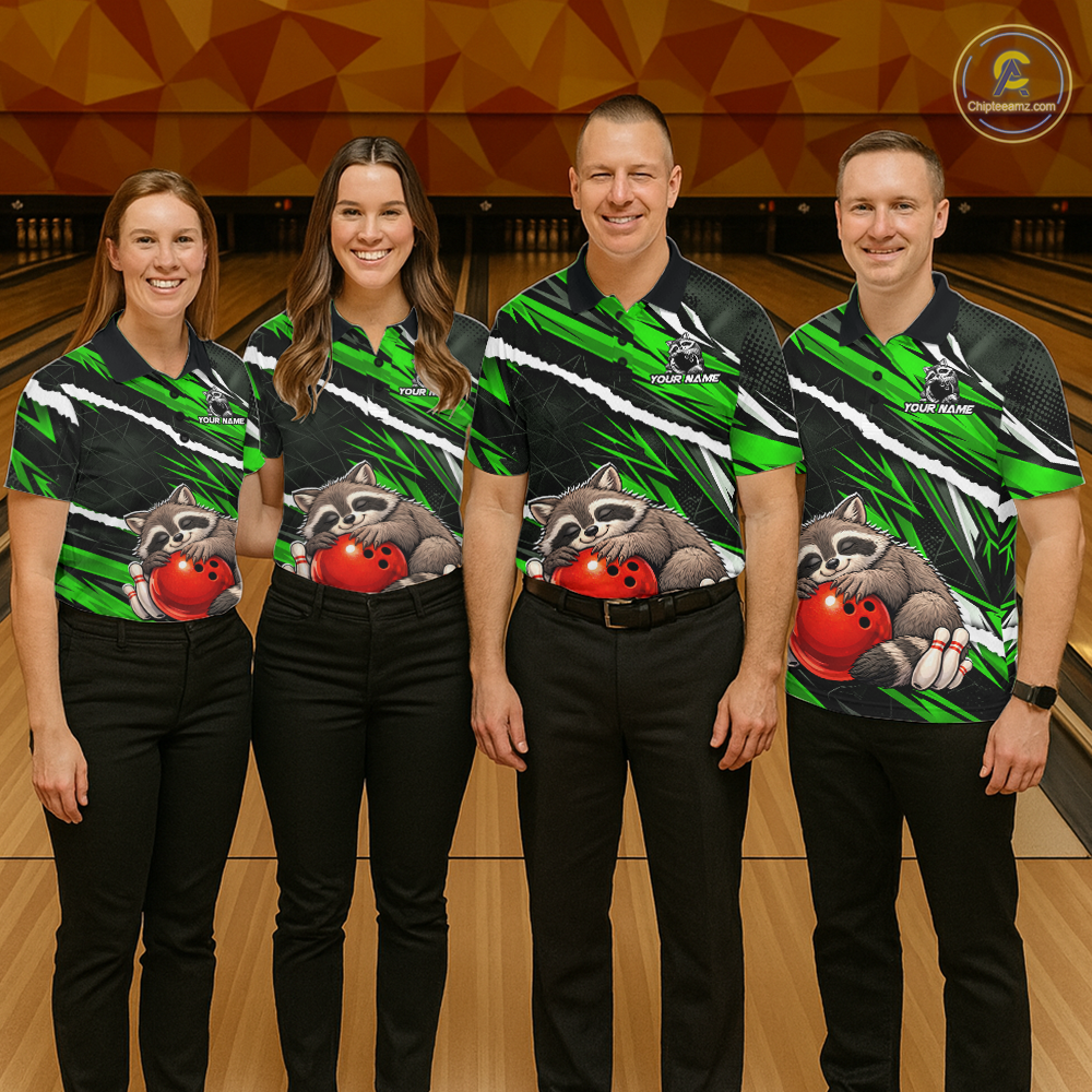 Custom Green Raccoon Funny Bowling Jersey for Women Bowling Team Shirts Polo & 1/4 Zip HNT247