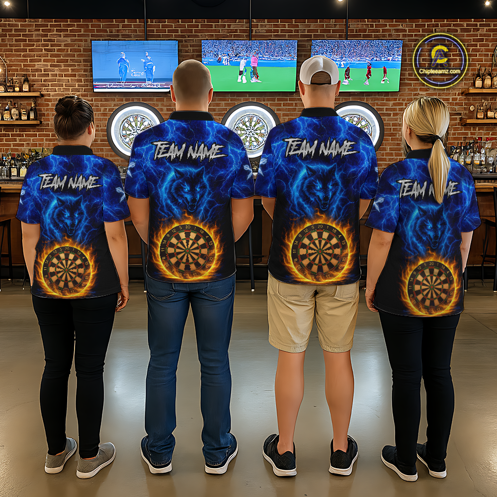 Custom Blue Wolf Flame Darts Shirt for Men Darts Team Jerseys Dartboard Shirt Dart League NNT267