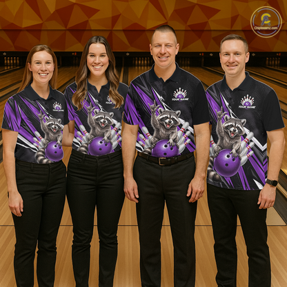 Custom Purple Raccoon Bowling Jersey for Men Bowling Team Shirts Bowling Polo & 1/4 Zip HNT254
