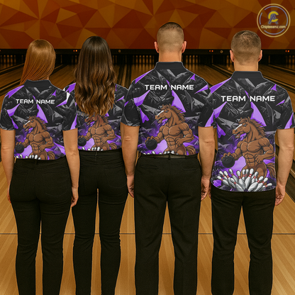 Custom Purple Funny Horse Bowling Jersey for Men Bowling Team Shirts Bowling League Polo & 1/4 Zip HNT183
