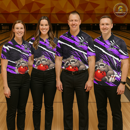 Custom Purple Raccoon Funny Bowling Jersey for Men Bowling Team Shirts Polo & 1/4 Zip HNT247