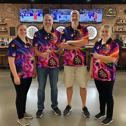 Personalized Cute Flamingo Dart Polo & Quarter Zip Shirt For Men Colorful Rainbow Paint Darts Jersey NYN2869