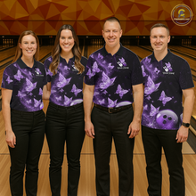 Load image into Gallery viewer, Custom Purple Galaxy Butterflies Bowling Shirt for Men Butterfly Bowling Team Jersey Bowling League HNT277